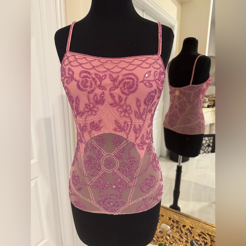 Attitudes by Debra hand, beaded pink camisole top - Picture 6 of 8